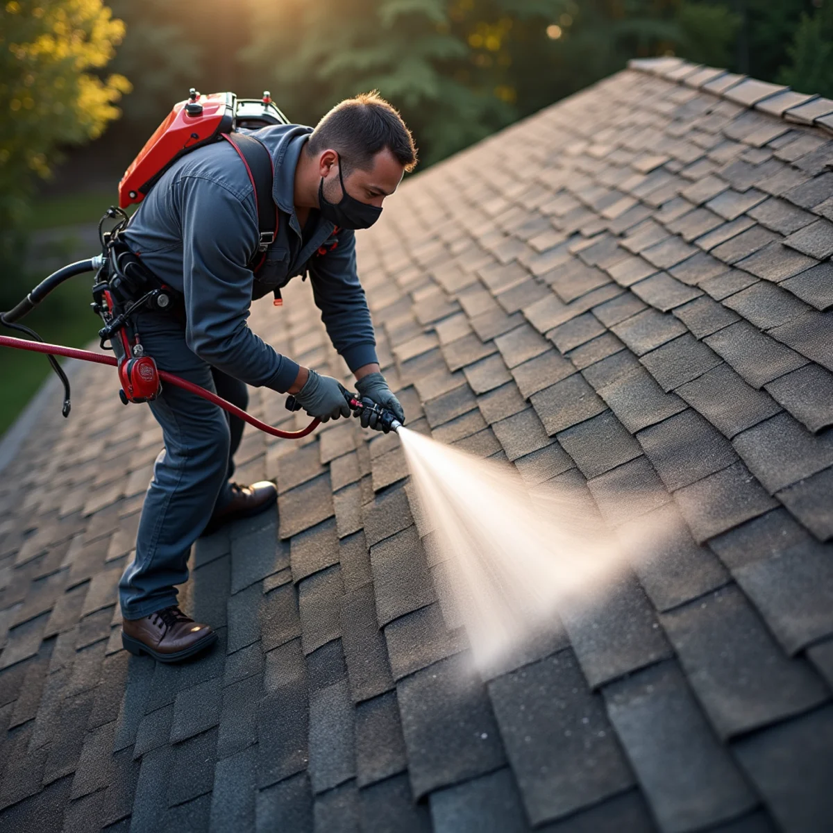 Soft wash solution applied at low pressure to a streaked shingle roof
