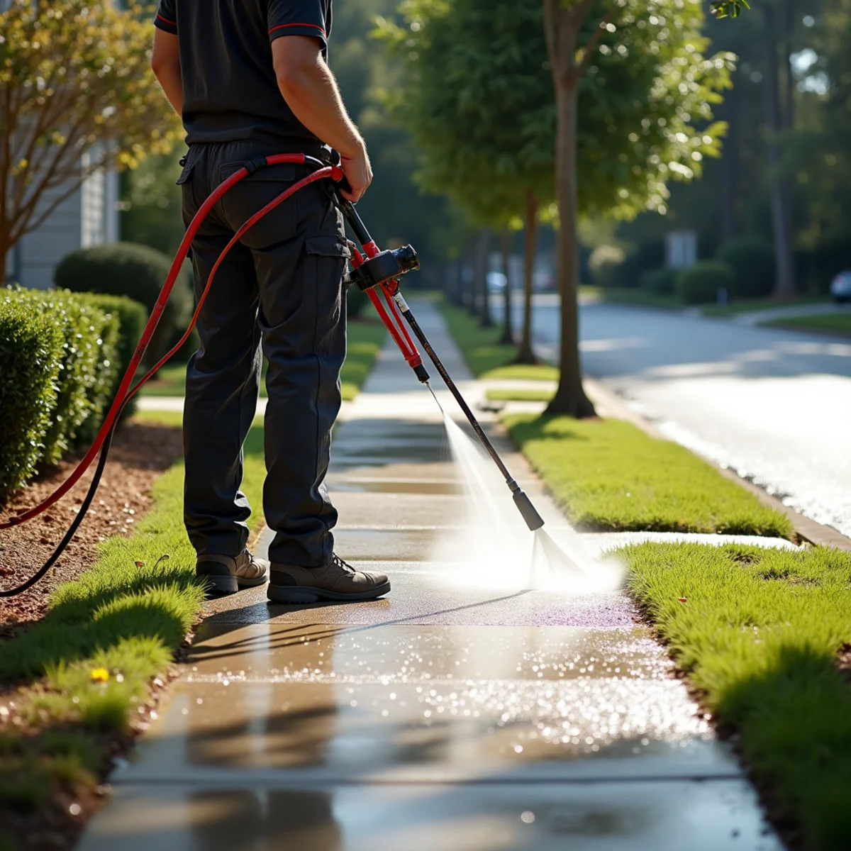 Sidewalk half cleaned, showing bright concrete beside dark organic buildup