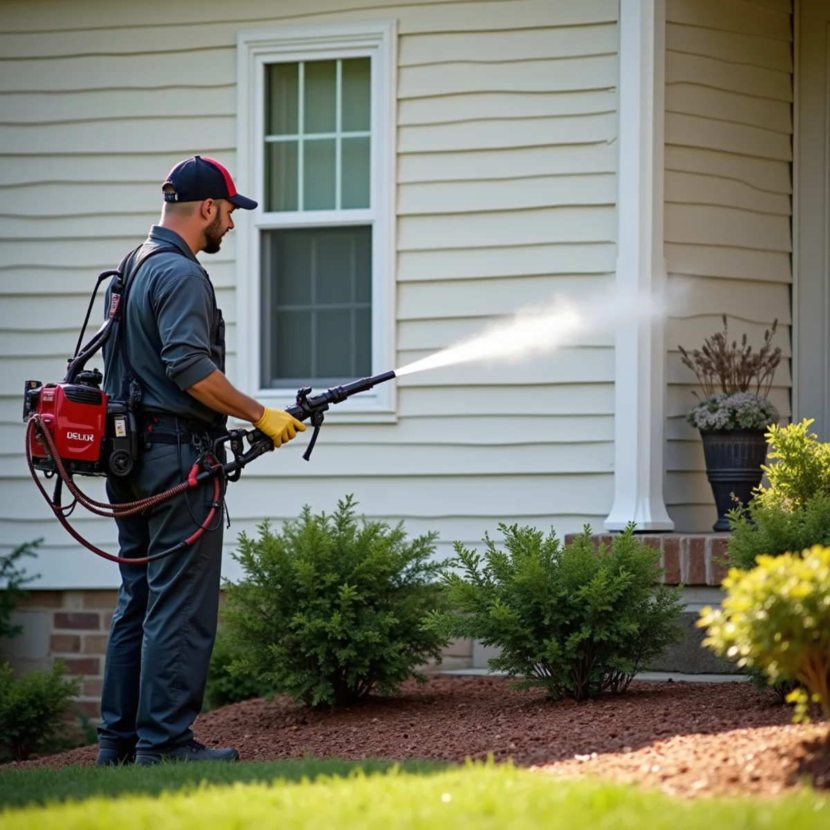 Low-pressure soft wash rinsing algae off a Georgia home's siding