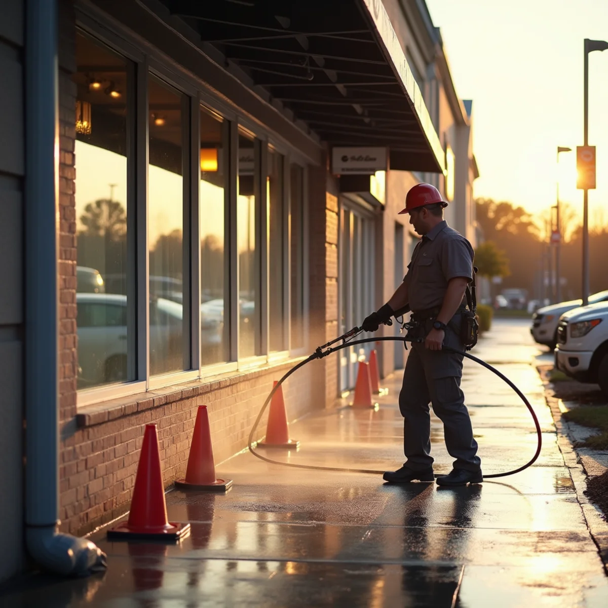 Freshly cleaned storefront entryway and sidewalk at a retail center