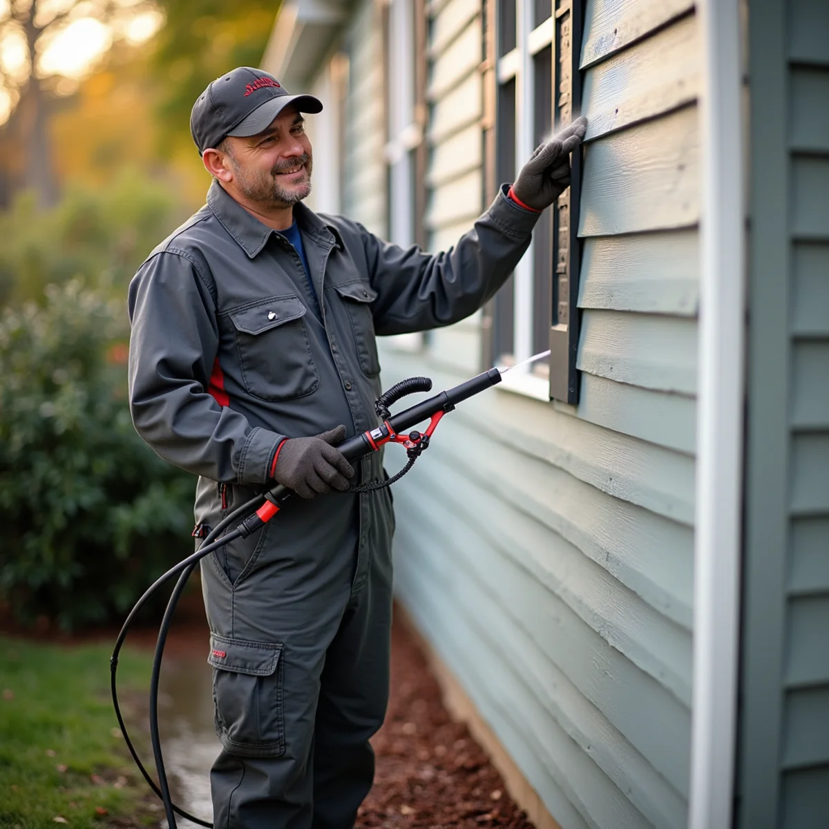 Local firefighter-owned exterior cleaning professional working carefully on a residential exterior
